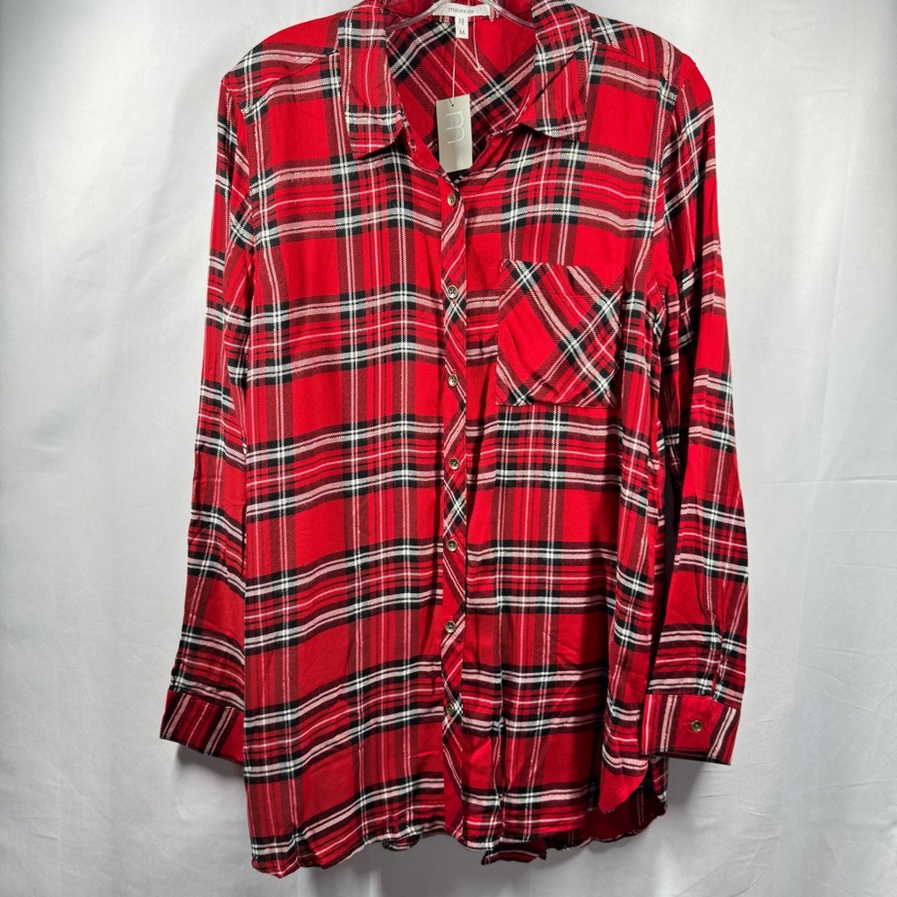 Maurices Women’s Medium Red and Black Plaid LS Casual Button Down Shirt NWT